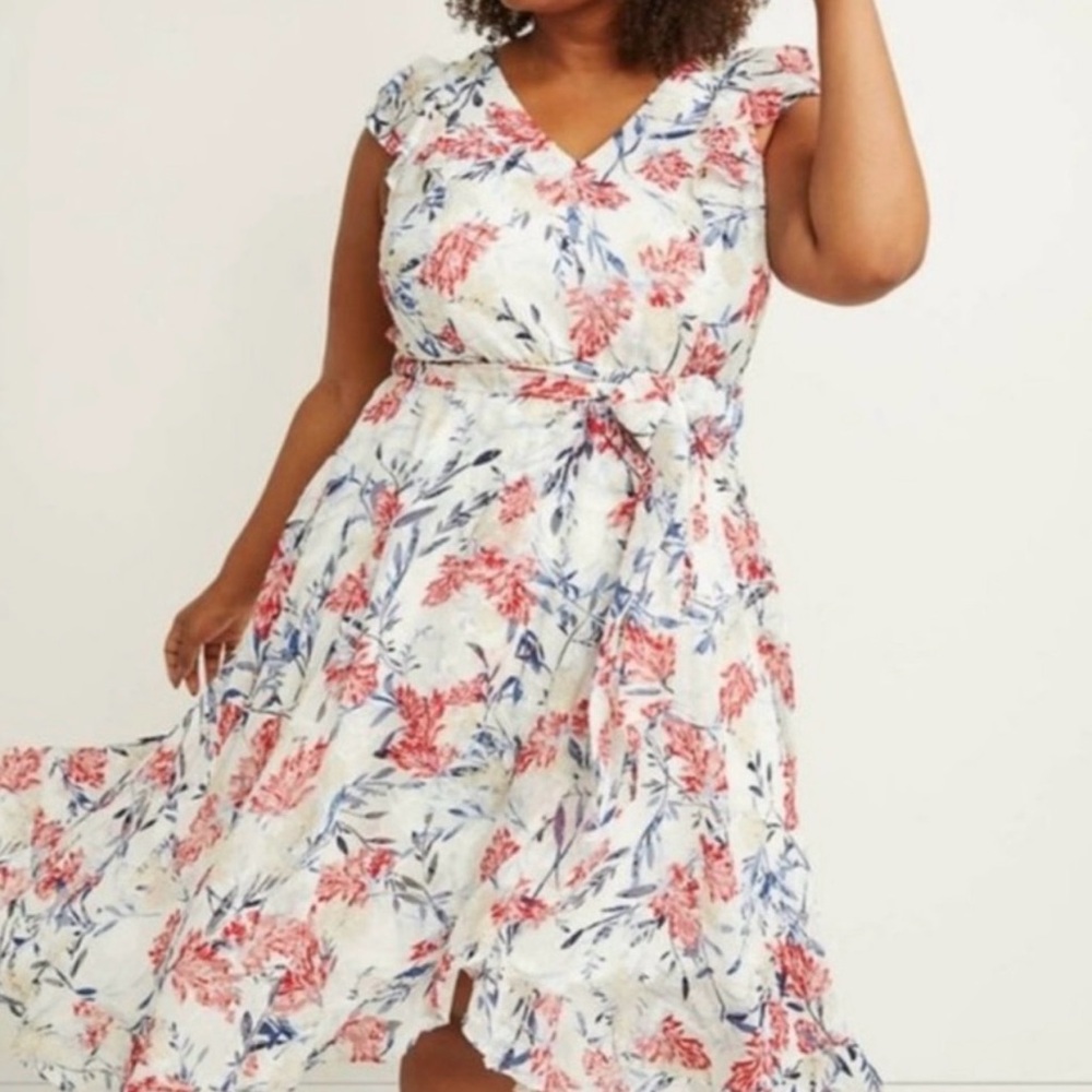 Lane Bryant floral hi low ruffle midi sleeveless belted dress NEW withou…